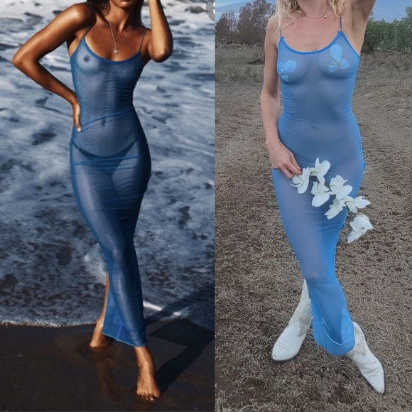 Nwt Naked Tiger sheer cobalt stunning slip stretch dress xs/s - Picture 2 of 3